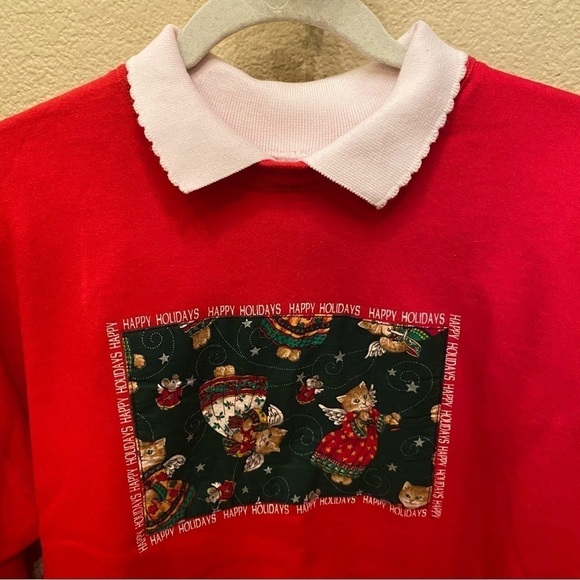 Vintage HANES Women Red Cat & Mouse Xmas Holidays Collar Sweatshirt Size Large - Picture 3 of 8